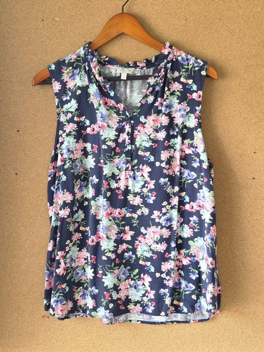 Talbots Navy Blue Floral Ruffle Neck Sleeveless Blouse Top Women's Size Large